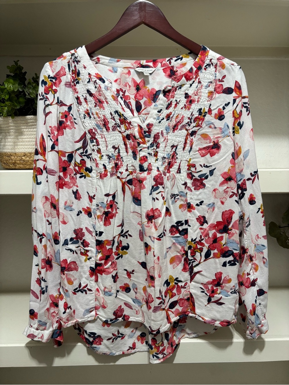 Floral Smocked V-Neck Blouse - White with Pink Floral